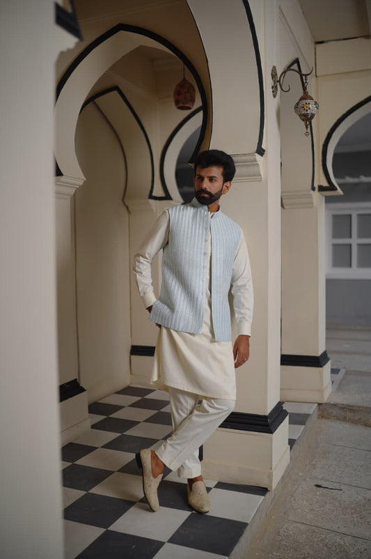 soft blue embroidered waistcoat