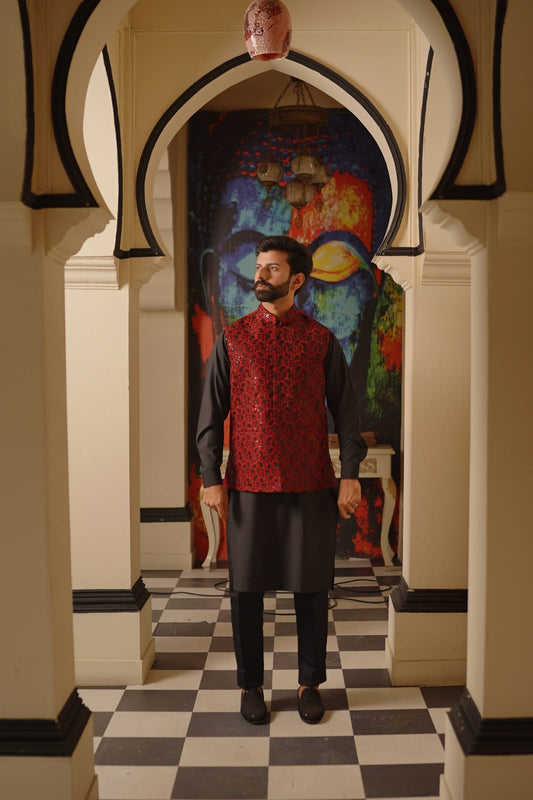 Maroon rich waistcoat.