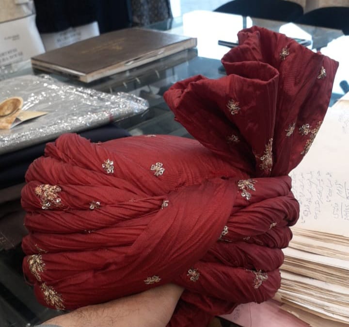 Regal Crimson Turban with Dull Gold Embroidery Motives