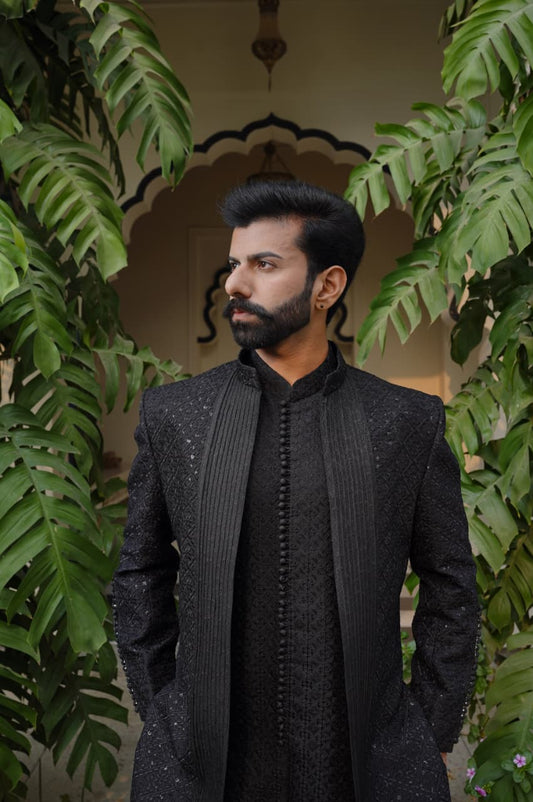 Royal open style sherwani with pintex