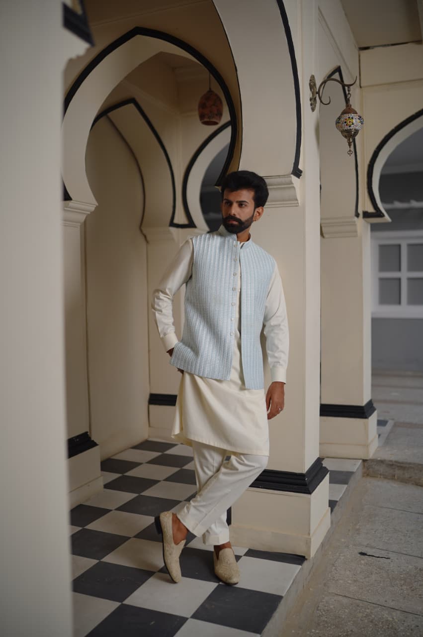 soft blue embroidered waistcoat