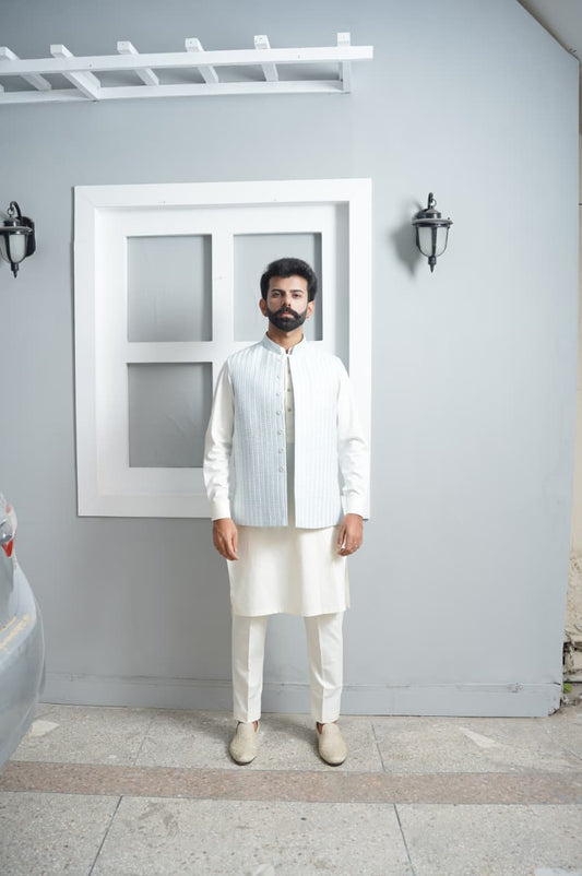 soft blue embroidered waistcoat