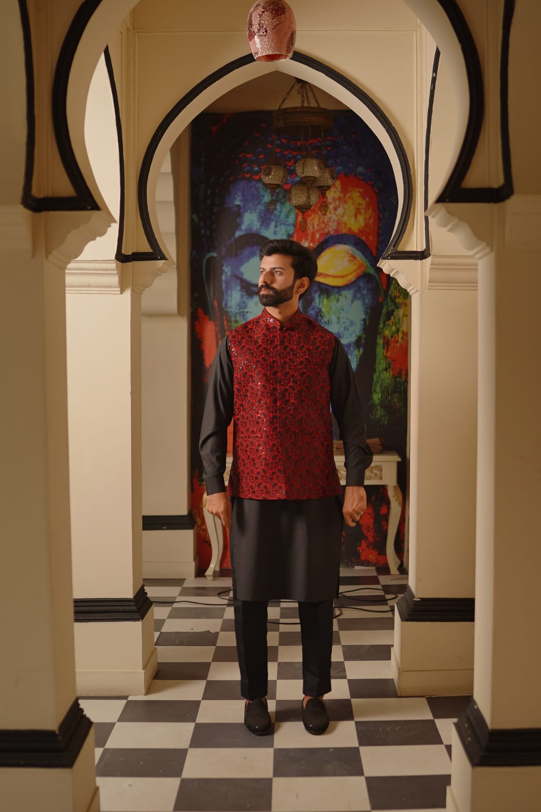 Maroon rich waistcoat.