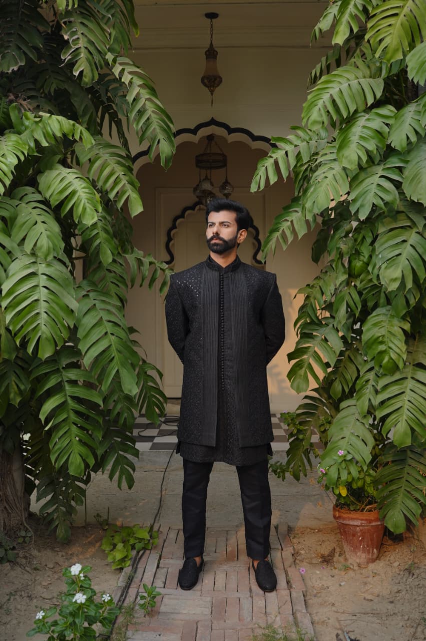 Royal open style sherwani with pintex