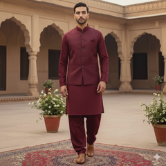 Royal maroon waistcoat.